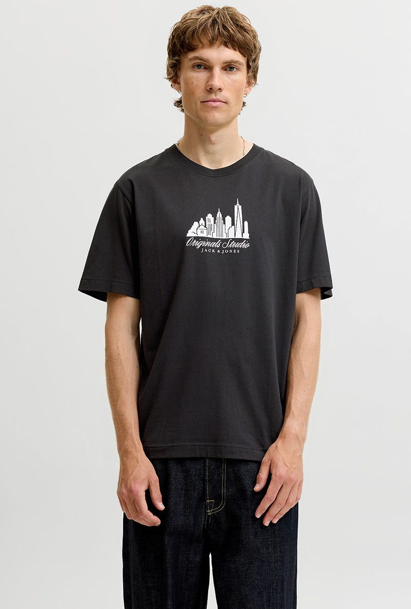 Front image of Norrebro skyline tee in black, by brand Jack&jones