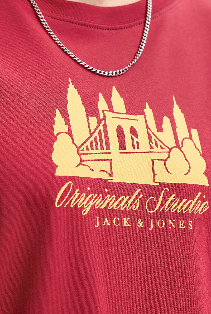 Front image of Norrebro skyline tee in red, by brand Jack&jones