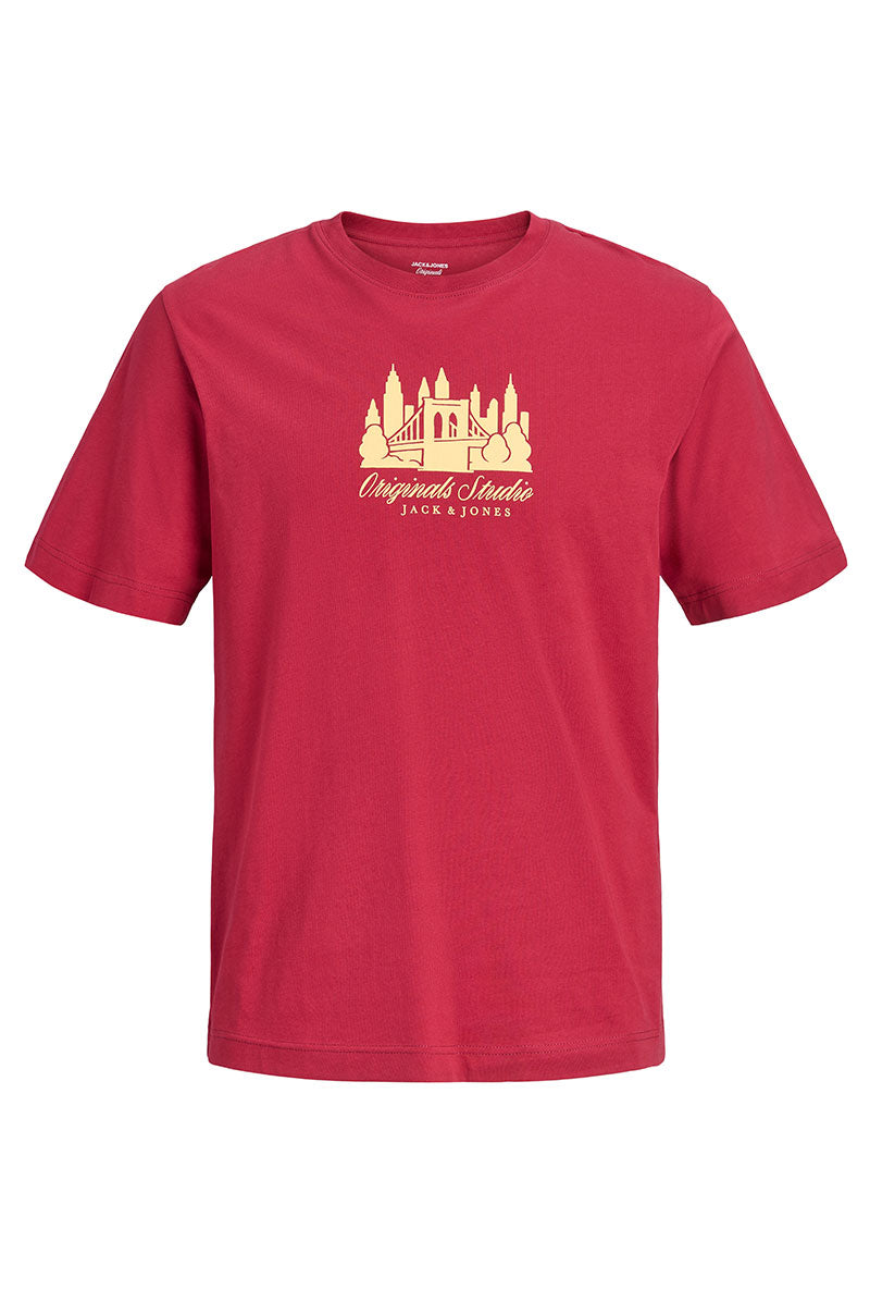 Front image of Norrebro skyline tee in red, by brand Jack&jones