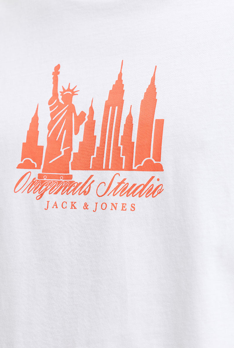 Front image of Norrebro skyline tee in white, by brand Jack&jones