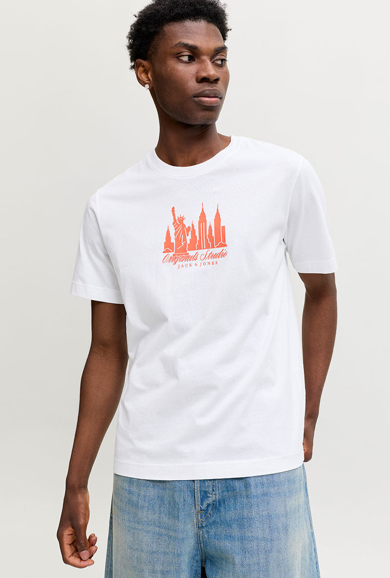 Front image of Norrebro skyline tee in white, by brand Jack&jones