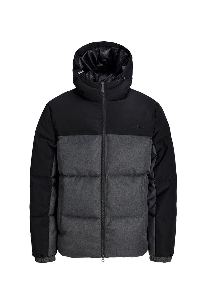 Front image of Oxford melange puffer jacket in black, by brand Jack&jones