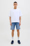 Front image of a model wearing the Rick jj fox denim shorts in light denim, by brand Jack&jones