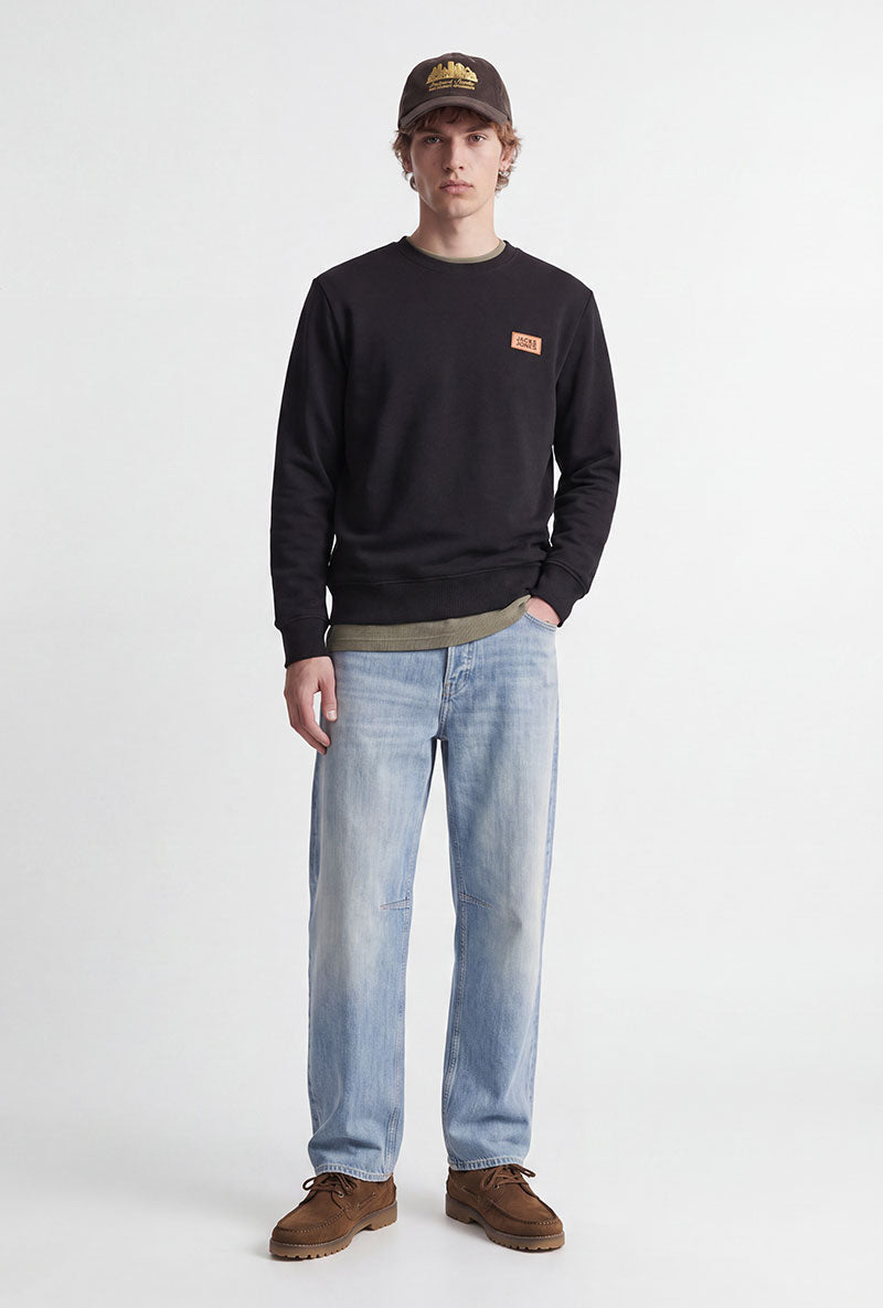 Front image of a model wearing Rush sweat crew neck sweatshirt in black, by brand Jack&jones