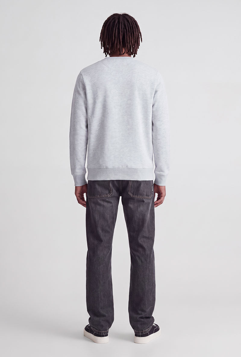 Back image of a model wearing Rush sweat crew neck sweatshirt in light grey, by brand Jack&jones