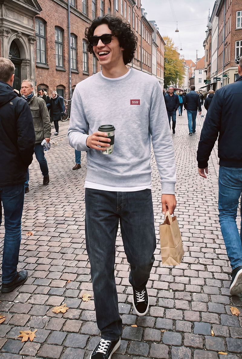 Front image of a model wearing Rush sweat crew neck sweatshirt in light grey, by brand Jack&jones