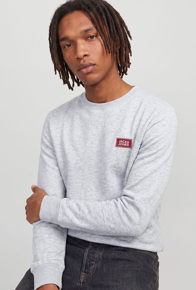Front image of a model wearing Rush sweat crew neck sweatshirt in light grey, by brand Jack&jones