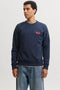 Front image of a model wearing Rush sweat crew neck sweatshirt in navy, by brand Jack&jones