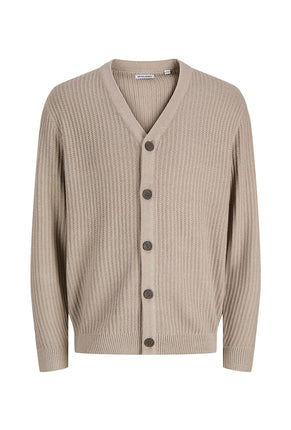 Front image of Sage vneck knit cardigan in light brown, by brand Jack&jones