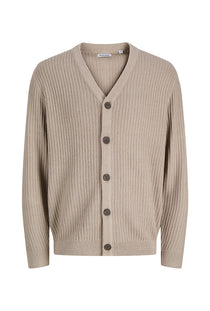 Front image of the Sage vneck knit cardigan in light brown, by brand Jack&jones