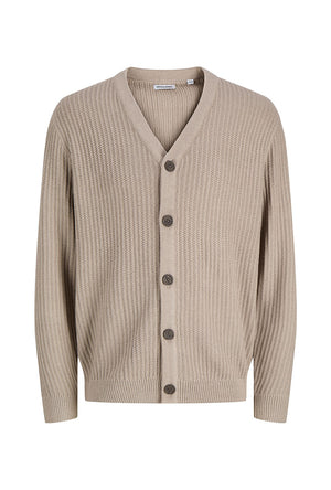 Front image of the Sage vneck knit cardigan in light brown, by brand Jack&jones