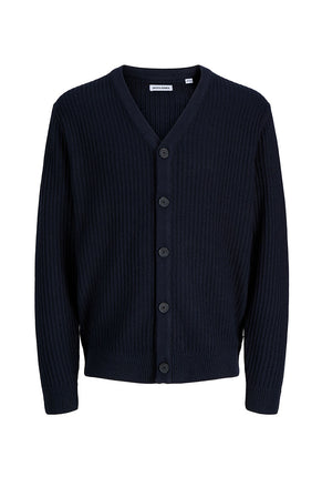 Front image of Sage vneck knit cardigan in navy, by brand Jack&jones