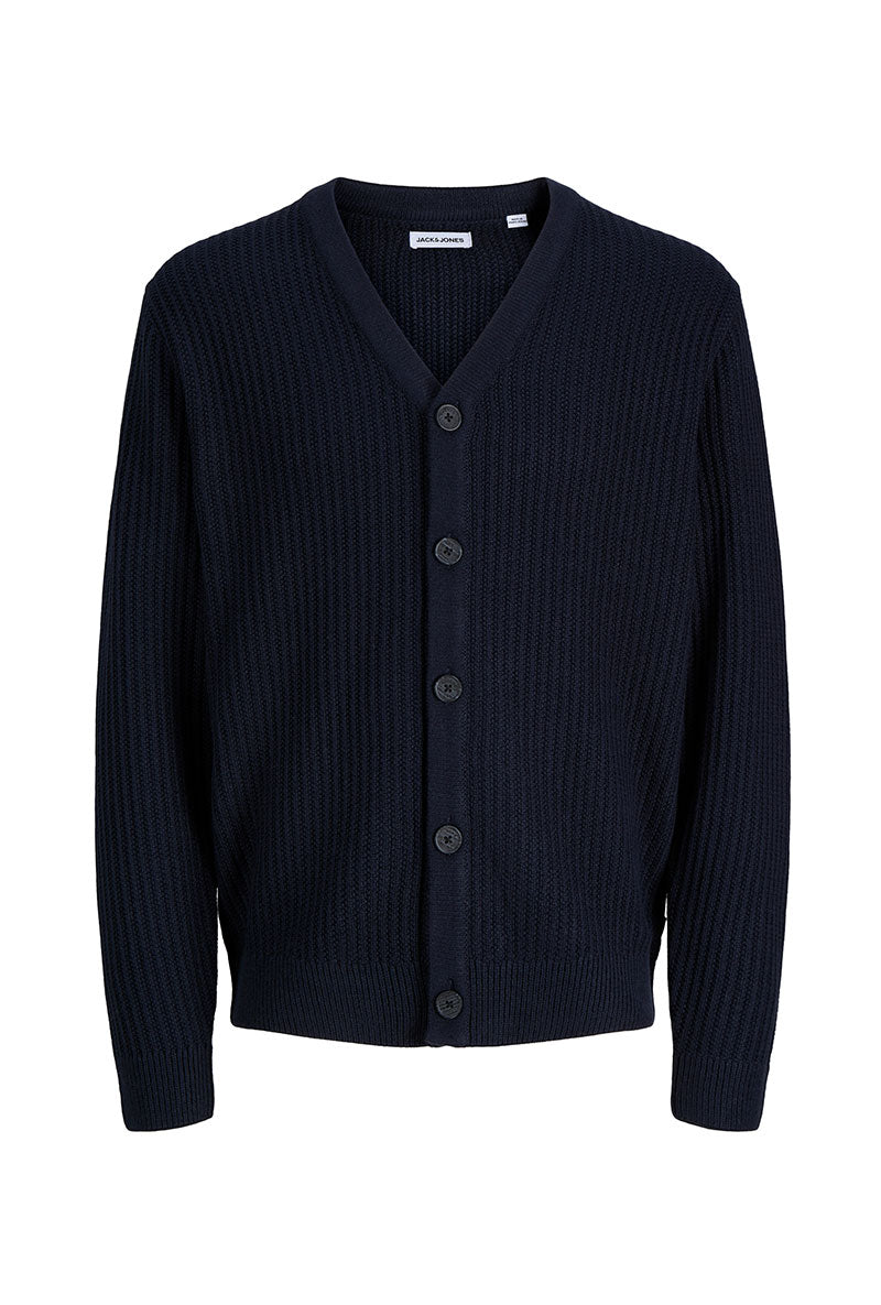 Front image of Sage vneck knit cardigan in navy, by brand Jack&jones