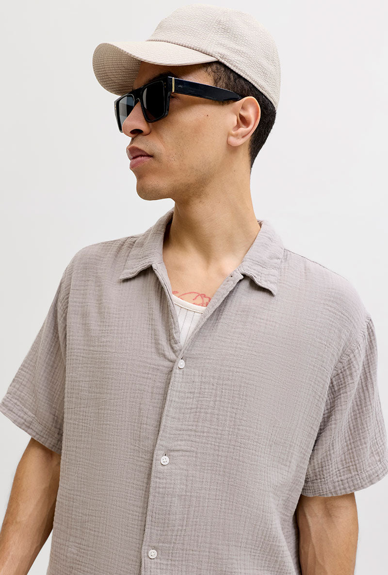 Front image of a model wearing Soft base seersucker in beige, by brand Jack&jones