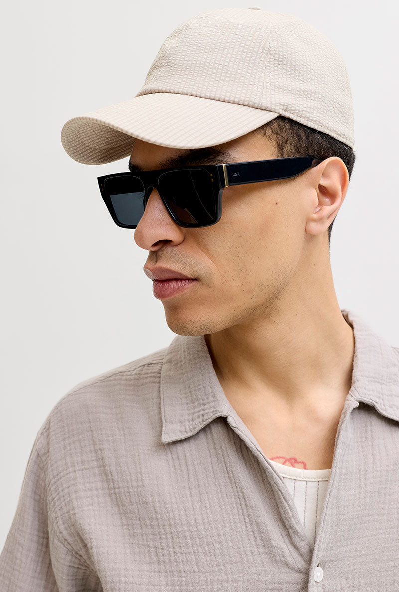 Front image of a model wearing Soft base seersucker in beige, by brand Jack&jones