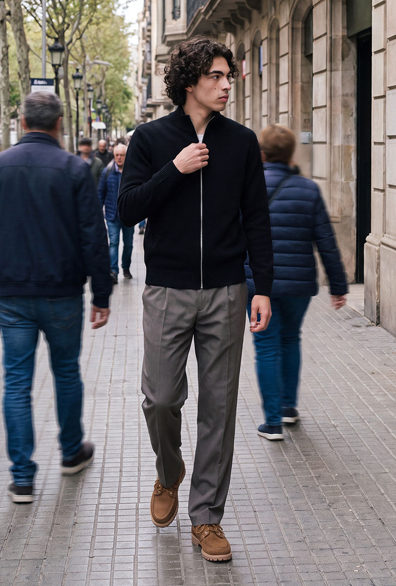 Front image of a model wearing Soho ollie high neck zip knit in black, by brand Jack&jones