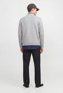 Back image of a model wearing the Soho ollie high neck zip knit in light grey, by brand Jack&jones