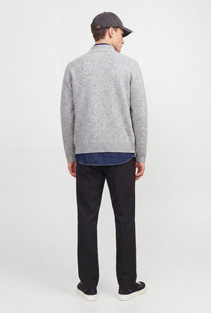 Back image of a model wearing the Soho ollie high neck zip knit in light grey, by brand Jack&jones