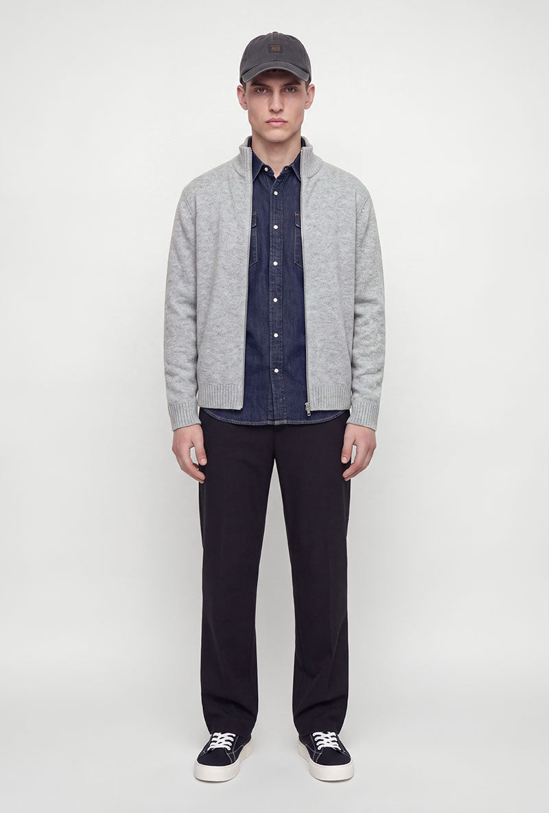 Front image of a model wearing Soho ollie high neck zip knit in light grey, by brand Jack&jones