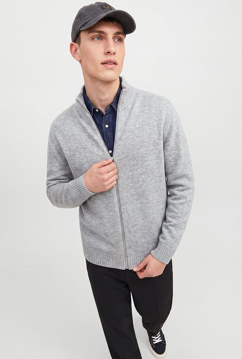 Front image of a model wearing Soho ollie high neck zip knit in light grey, by brand Jack&jones