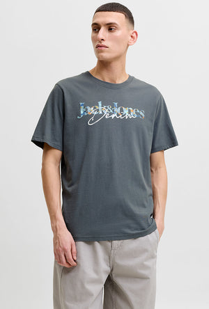 Front image of a model wearing the Tom tee ss crew neck in charcoal, by brand Jack&jones