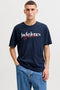 Front image of a model wearing Tom tee ss crew neck in navy, by brand Jack&jones