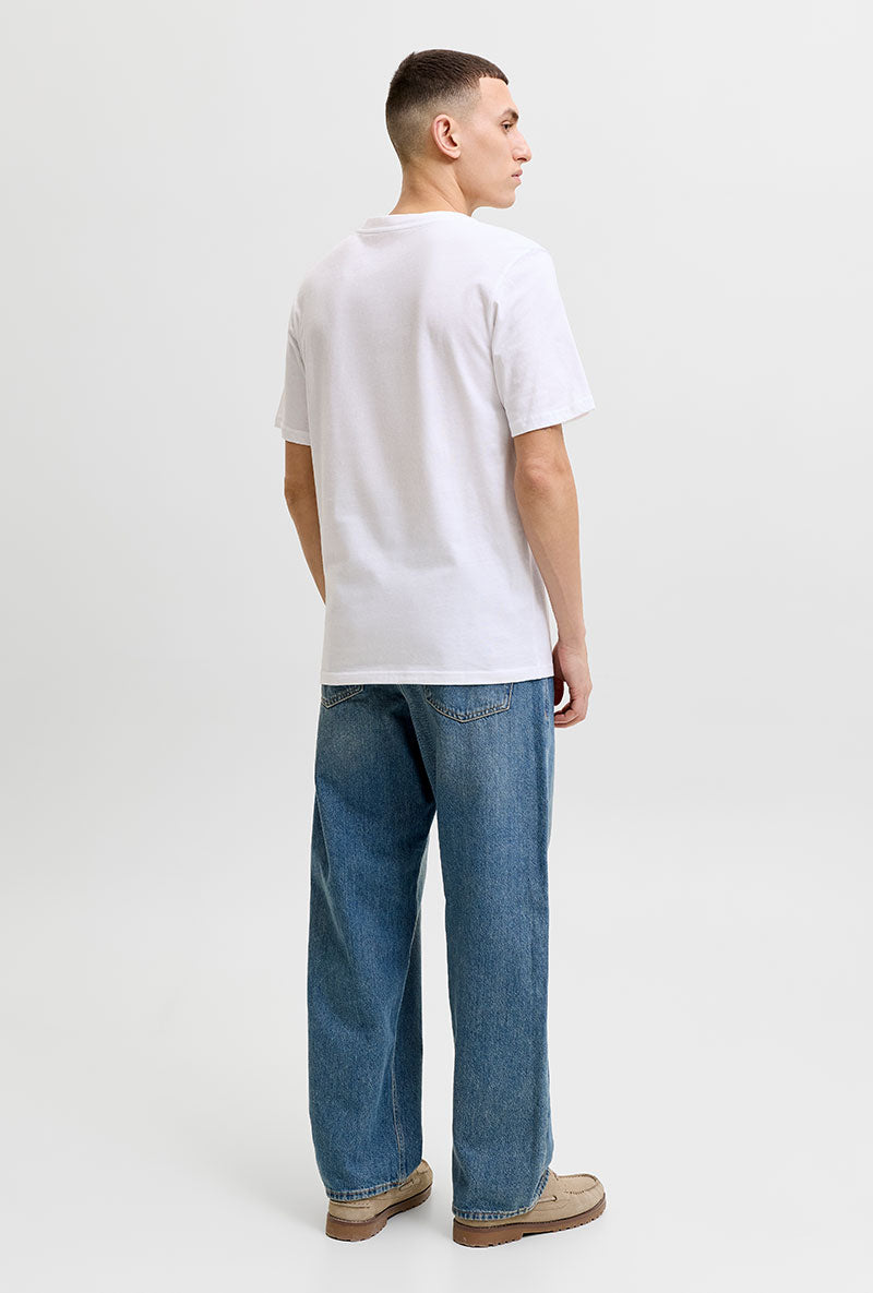 Back image of a model wearing Tom tee ss crew neck in white, by brand Jack&jones