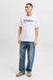 Front image of a model wearing the Tom tee ss crew neck in white, by brand Jack&jones