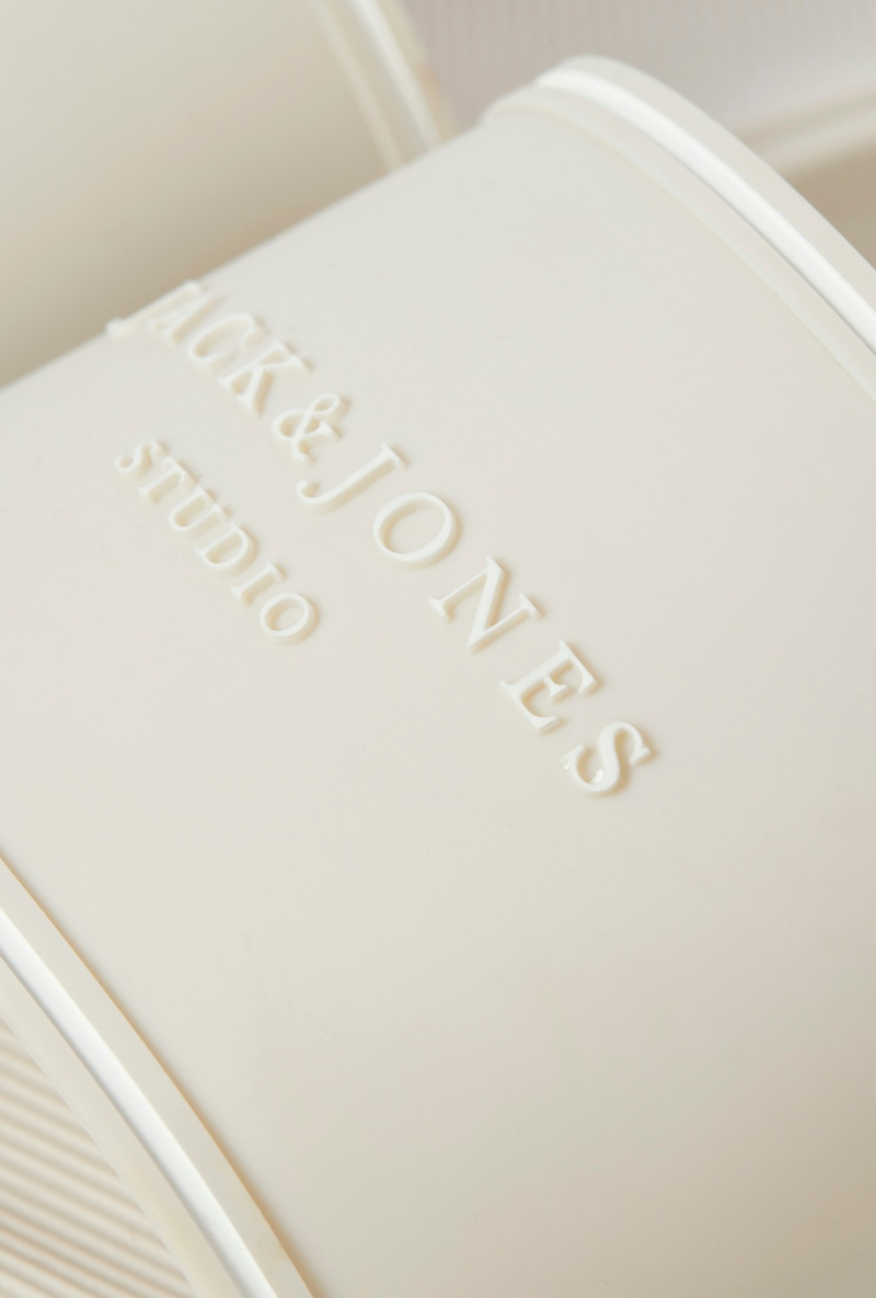 Close up image  of Jack and jones wartillery moulded slider in beige, by brand Jack&jones