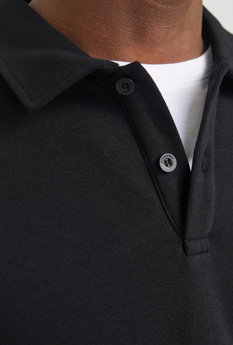 Close up image  of Jack and jones bradley sweat polo in black, by brand Jack&jones