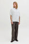 Front image of a model wearing the Jeff resort stripe shirt in blue, by brand Jack&jones