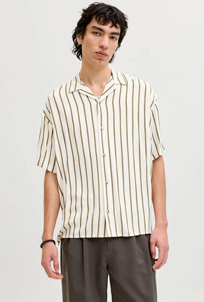 Front image of a model wearing Jeff resort stripe shirt in olive, by brand Jack&jones