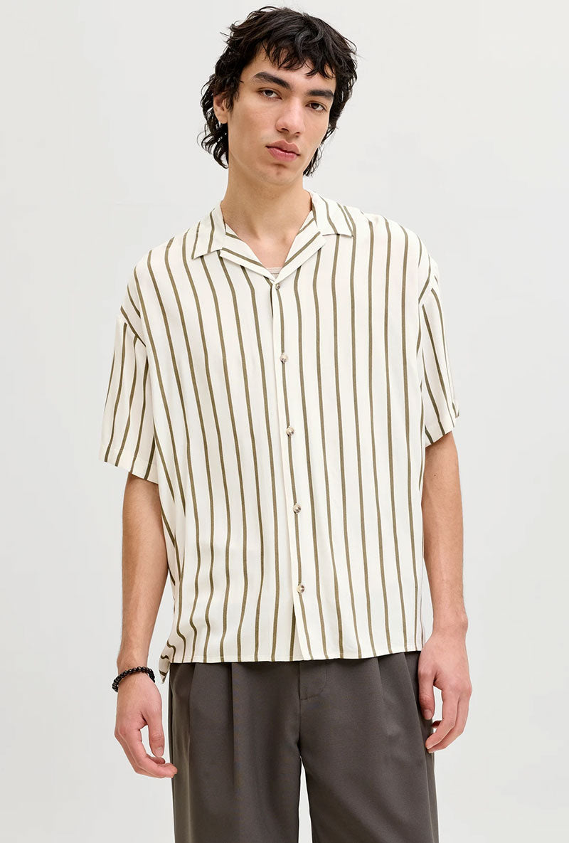 Front image of a model wearing Jeff resort stripe shirt in olive, by brand Jack&jones