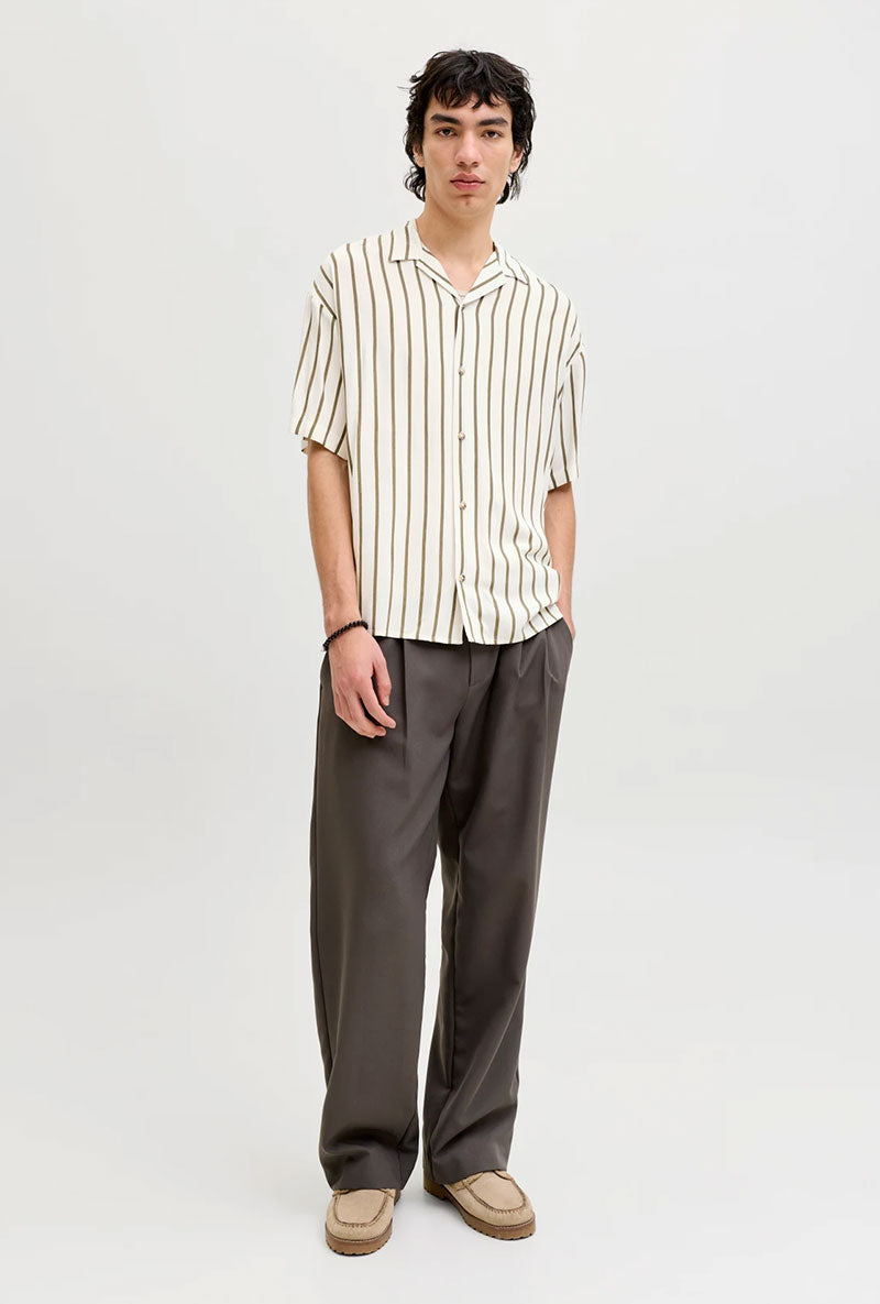 Front image of a model wearing Jeff resort stripe shirt in olive, by brand Jack&jones
