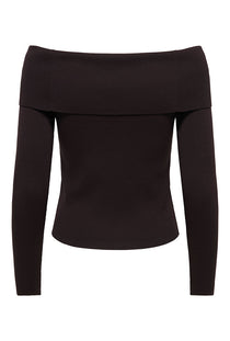 Back image of the Astra ls off shoulder pullover knit in chocolate, by brand Jacqueline de yong