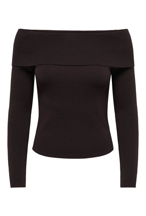 Front image of Astra ls off shoulder pullover knit in chocolate, by brand Jacqueline de yong