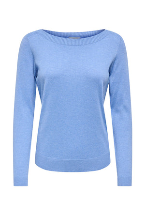 Front image of the Bodil l/s boat neck pullover in blue, by brand Jacqueline de yong