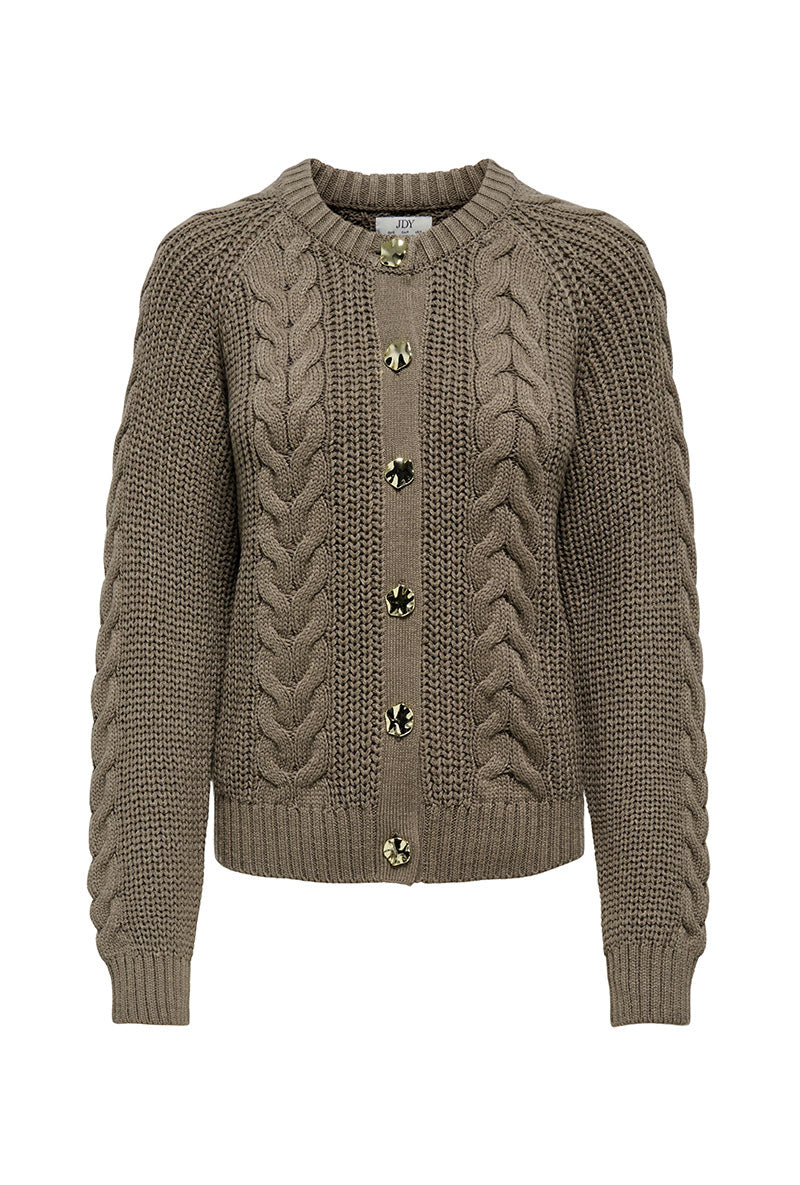 Front image of Carmella ls cable knit cardigan in brown, by brand Jacqueline de yong