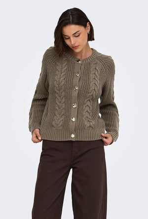 Front image of a model wearing the Carmella ls cable knit cardigan in brown, by brand Jacqueline de yong