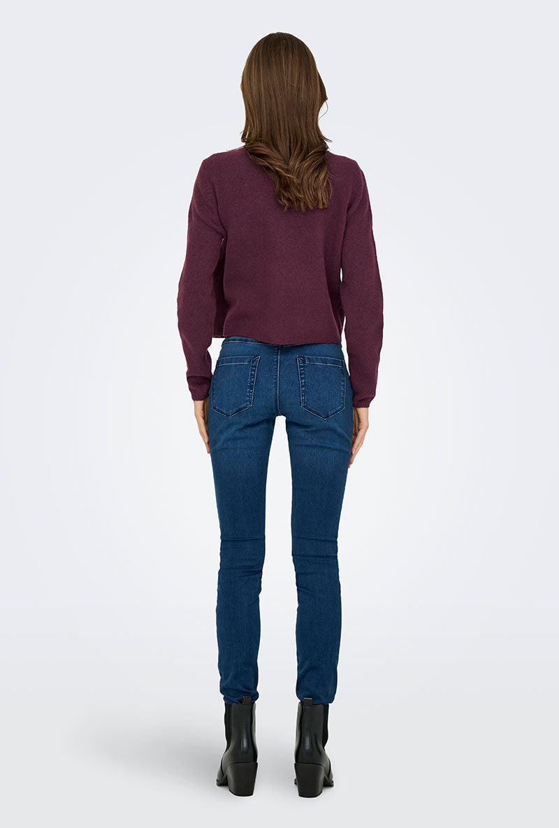 Back image of a model wearing Chloe l/s knit cardigan in burgundy, by brand Jacqueline de yong