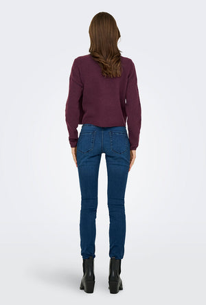 Back image of a model wearing the Chloe l/s knit cardigan in burgundy, by brand Jacqueline de yong