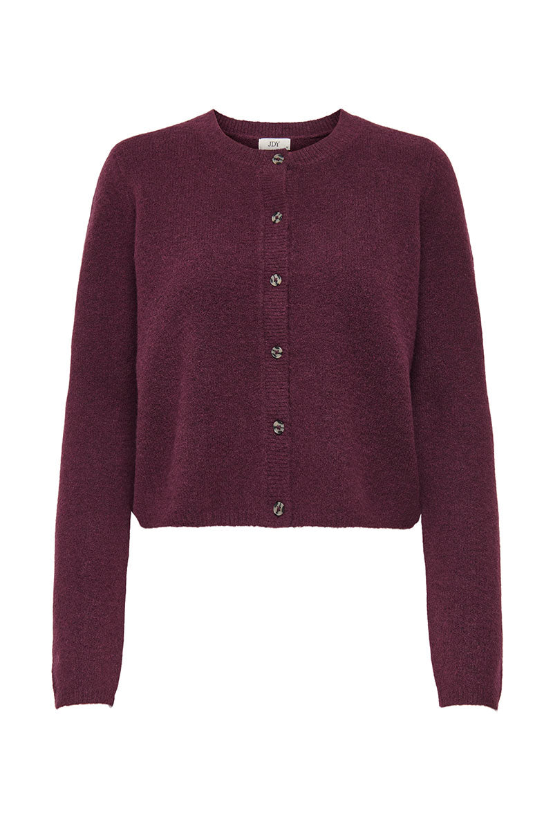 Front image of Chloe l/s knit cardigan in burgundy, by brand Jacqueline de yong