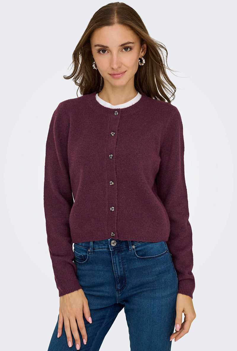 Front image of a model wearing Chloe l/s knit cardigan in burgundy, by brand Jacqueline de yong