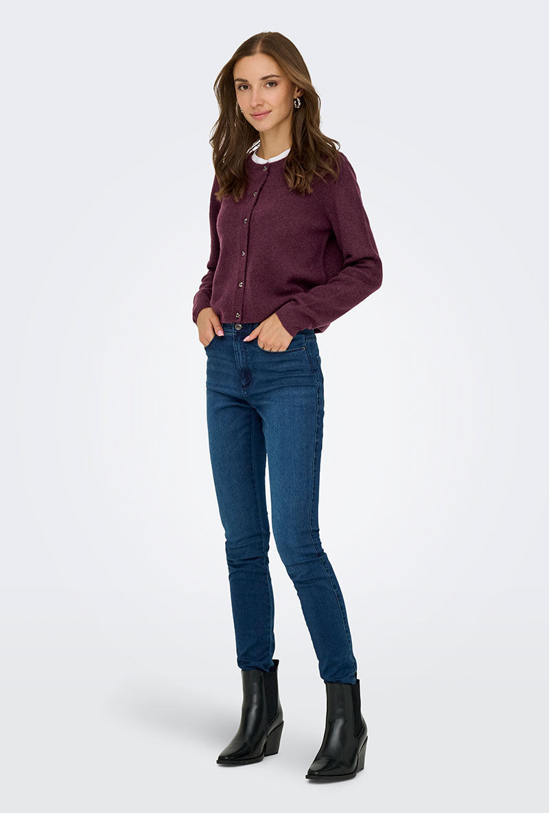 Front image of a model wearing Chloe l/s knit cardigan in burgundy, by brand Jacqueline de yong