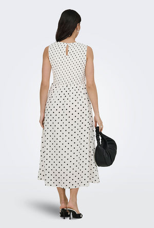 Back image of a model wearing the Diego s/l smock midi dress in white, by brand Jacqueline de yong
