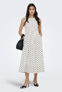 Front image of a model wearing the Diego s/l smock midi dress in white, by brand Jacqueline de yong