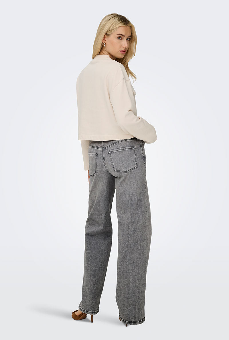 Back image of a model wearing Felina hw wide jeans in grey, by brand Jacqueline de yong