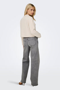 Back image of a model wearing the Felina hw wide jeans in grey, by brand Jacqueline de yong