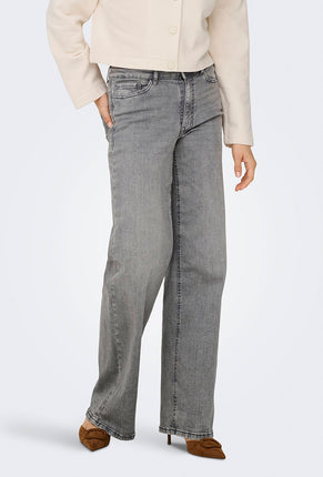 Front image of a model wearing Felina hw wide jeans in grey, by brand Jacqueline de yong
