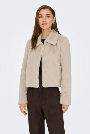 Front image of a model wearing Macy faux fur jacket in beige, by brand Jacqueline de yong